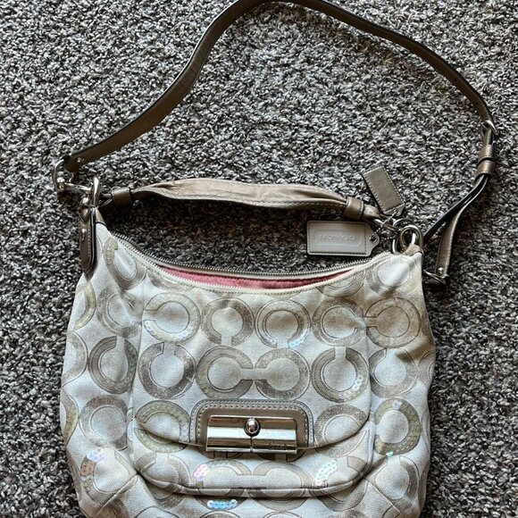 Vintage Coach Kristin Signature Canvas Khaki Cream Optic Art Sequin Hobo Bag - Picture 3 of 8
